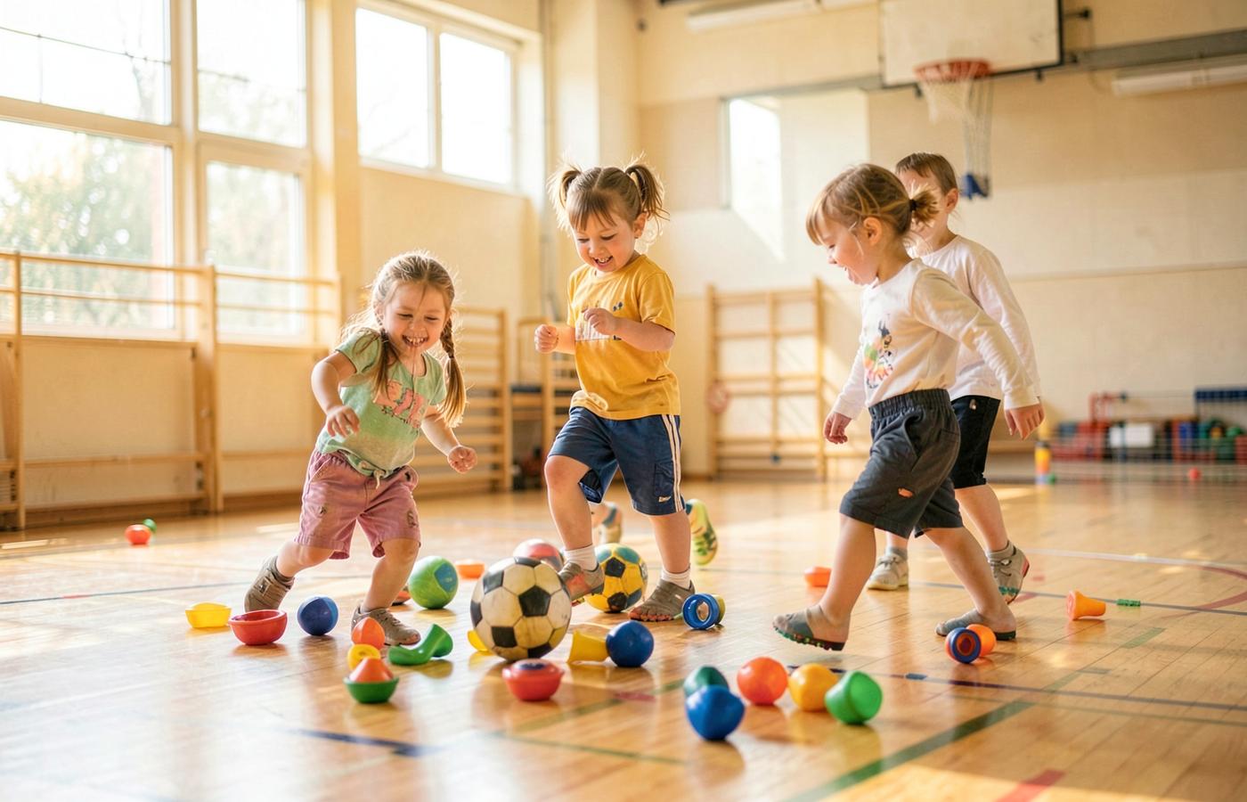 Young children playing with balls and sports equipment in a bright gym